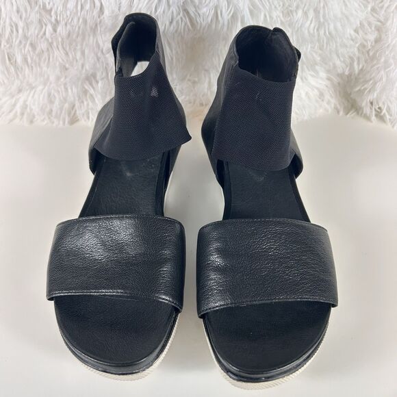 Eileen Fisher  Spree Sandal 9 1/2 Black Leather Flat Stretch Strap Closet Staple - Picture 2 of 9